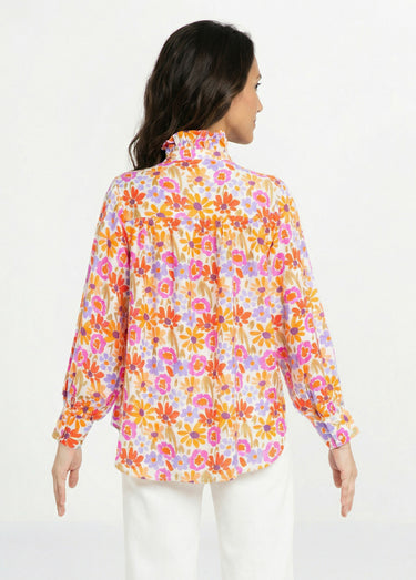 Chemisier fleuri pop, col volanté Orange/Violet