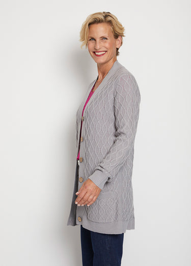 Gilet long boutonné torsades col V Gris