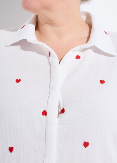Chemisier cœurs brodés en gaze de coton Blanc/Rouge