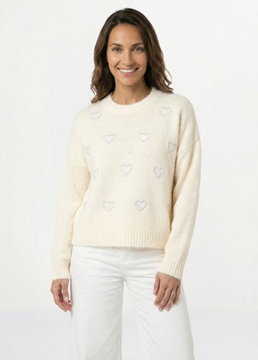 Pull col rond coeurs rayés avec laine Ecru