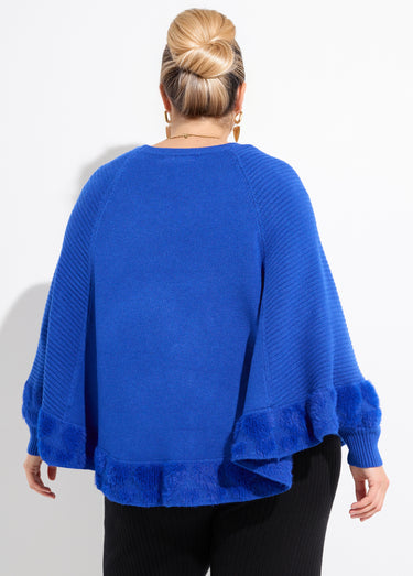 Poncho cape maille coeurs et col rond Bleu Vif