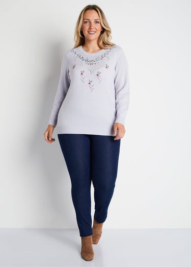 Pull doux uni brodé ajouré col rond Argent