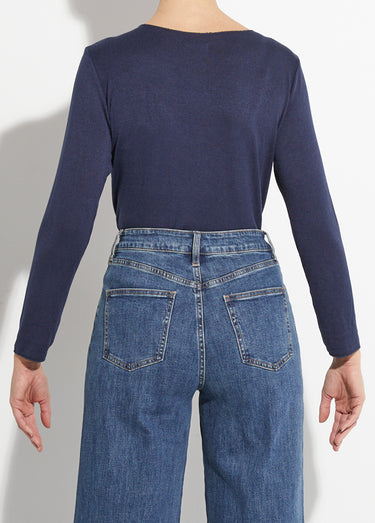 Pull fin avec angora et laine, col V Marine