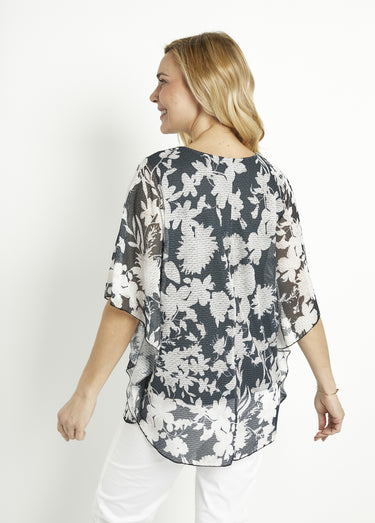 T-shirt long fleuri manches chauve-souris Noir/Ecru