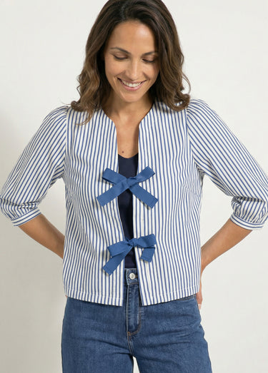 Blouse manches 3/4 avec noeuds fantaisie Bleu / Écru