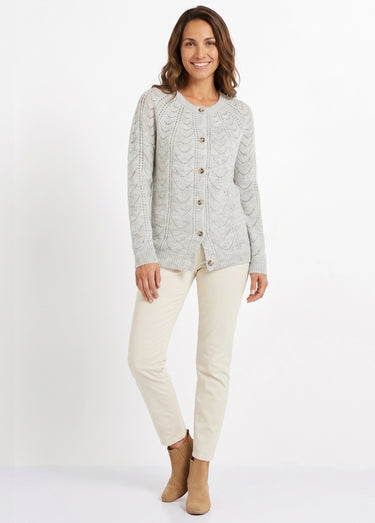 Gilet cardigan boutonné chiné ajouré col rond Gris Chine