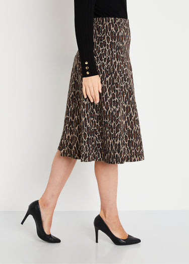 Jupe longue évasée maille jacquard Marron Leopard