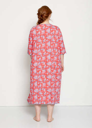 Chemise de nuit longue manches 3/4 coton imprimé Fond Rouge