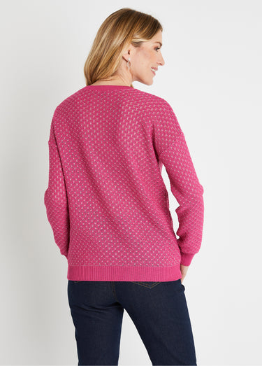 Pull doux brillant mélange coton col rond Fuchsia