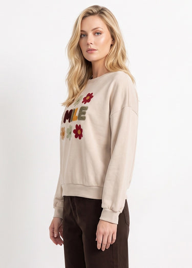 Sweat manches longues message brodé Smile Beige