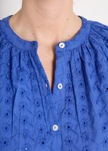 Chemisier ample coton brodé sans col Bleu
