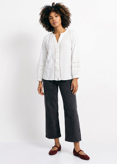 Tunique col V boutonnée, détails macramé Blanc