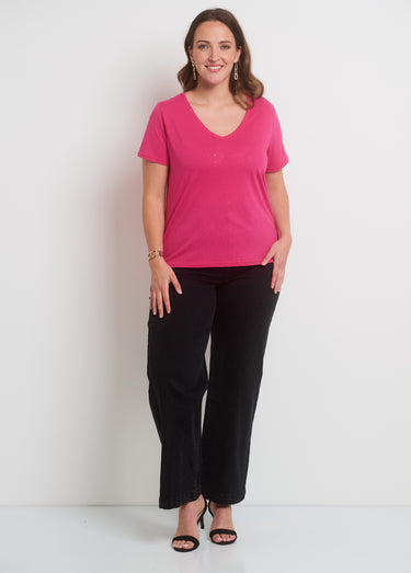 T-shirt maille pailletée manches courtes Fuchsia