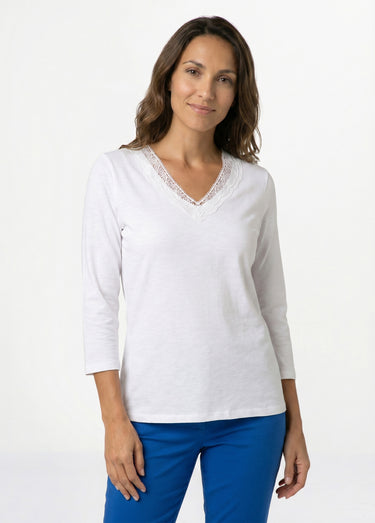 T-shirt manches 3/4 coton et macramé Blanc