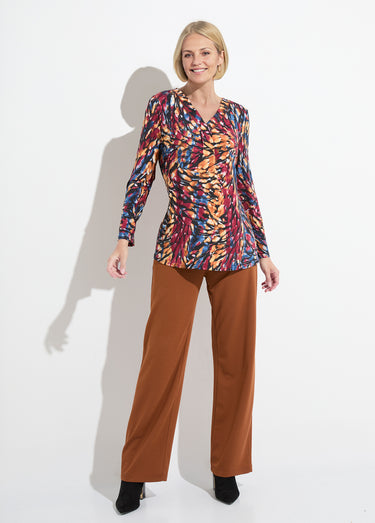 T-shirt long ample col V manches longues Bordeaux/Miel