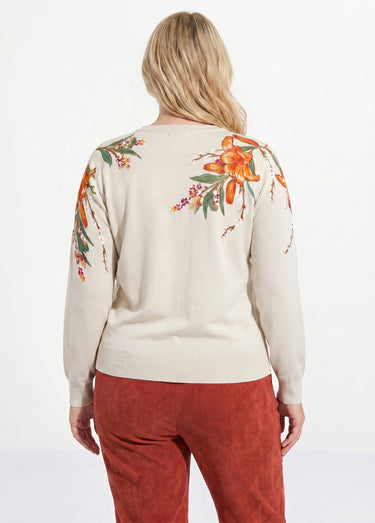 Pull chaud col rond imprimé floral manches longues Beige