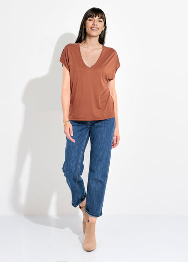 T-shirt fluide manches courtes porté loose Marron