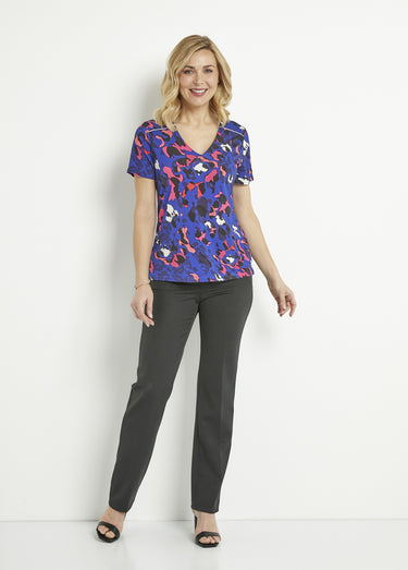 T-shirt col V manches courtes motif léopard Bleu/Fuchsia