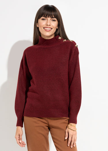 Pull col montant boutons bijou métal Bordeaux