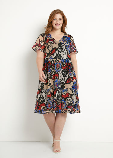 Robe courte évasée volantée voile imprimé Noir/Ecru