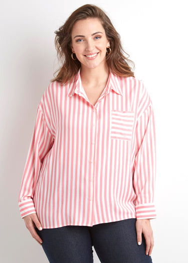 Chemisier fluide rayé long manches longues Rose / Blanc