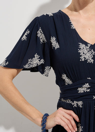 Robe longue brodée col V Marine / Blanc