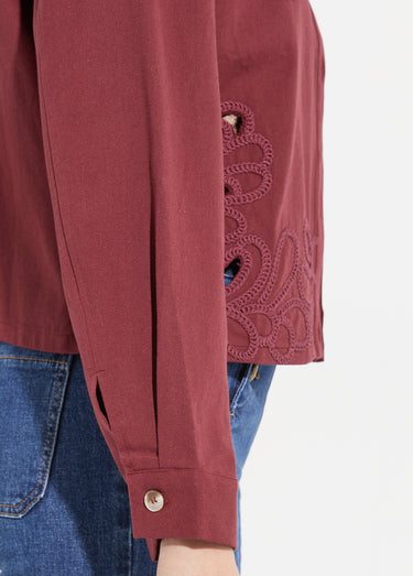 Veste courte en denim, détails ajourés Bordeaux