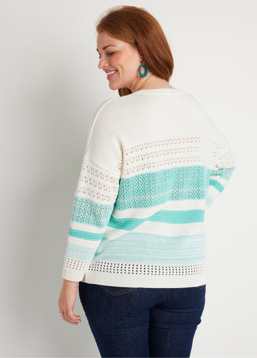 Pull ajouré manches 3/4 coton Aqua