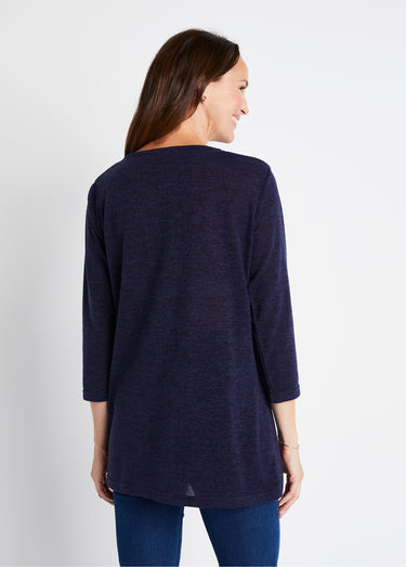 T-shirt long évasé manches 3/4 col rond Uni Marine