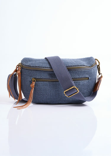Sac banane toile de jute + détails cuir Bleu