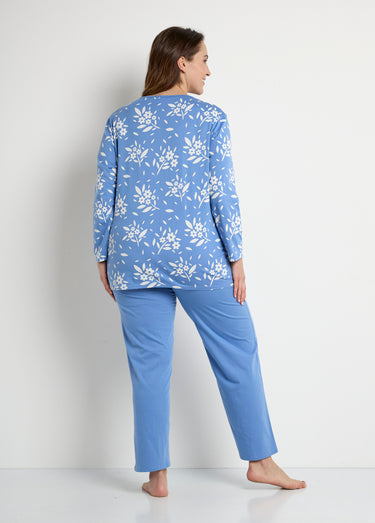 Pyjama col V boutonné coton manches longues Bleu