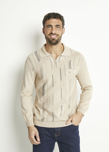 Pull col polo zippé manches longues coton jacquard Beige