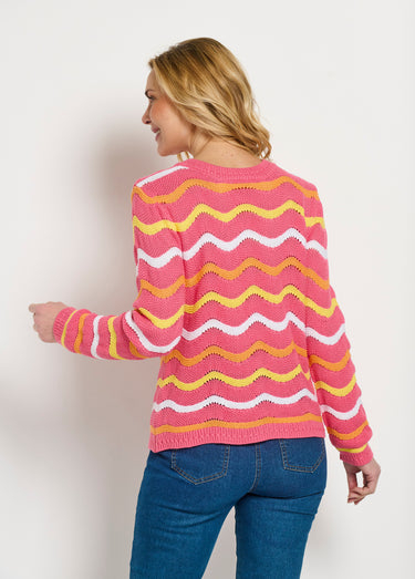 Pull doux col rond reliefé rayé point mousse Fond Rose