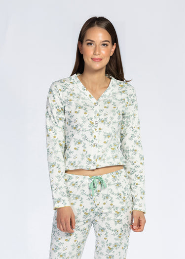 Pyjama long boutonné motif fleuri Menthe
