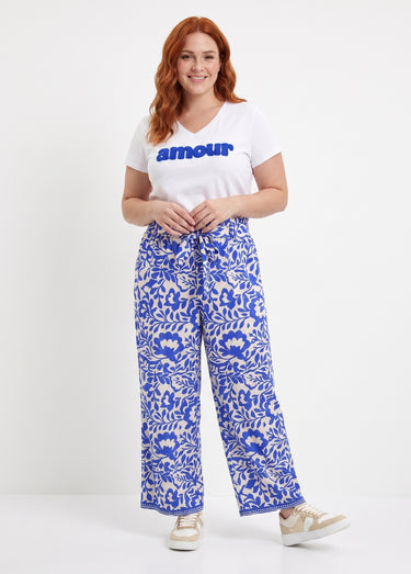 T-shirt encolure V avec broderie Amour Blanc/Bleu