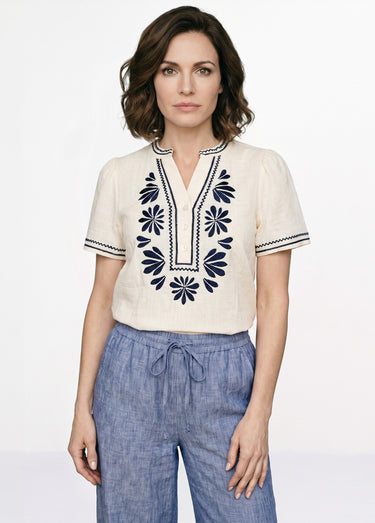Blouse broderies fleuries col tunisien Ecru/Bleu