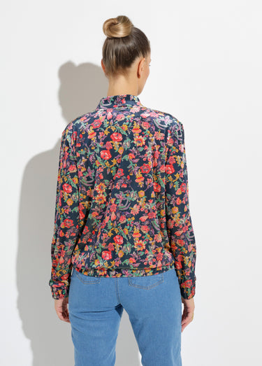 Blouson bombers zippé velours ras fleuri Marine/Rose
