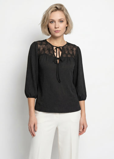 T-shirt col V à nouer manches 3/4 voile Noir
