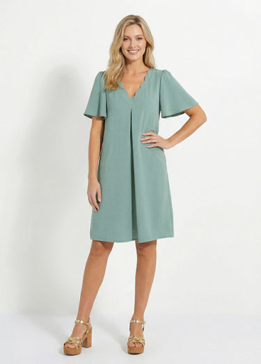 Robe droite courte col V festonné Vert Sauge