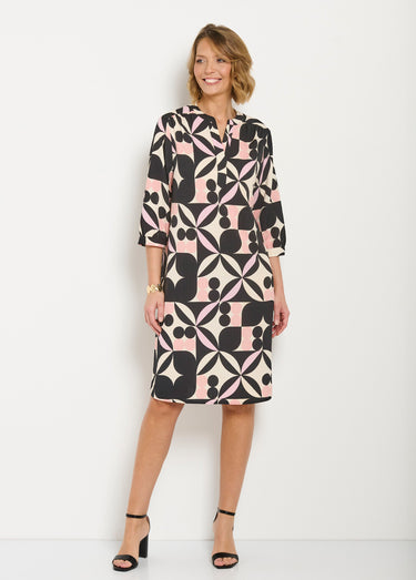 Robe droite courte manches 3/4 motif graphique Noir/Rose