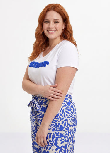T-shirt encolure V avec broderie Amour Blanc/Bleu