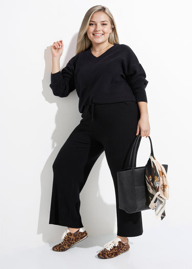 Pull tunique maille fantaisie, col V Noir