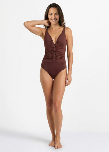 Maillot de bain 1 pièce détails lacés Marron