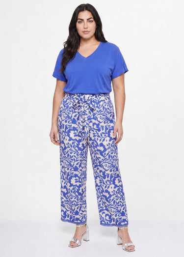Pantalon taille haute imprimé feuillage Bleu / Écru