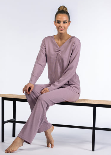 Pyjama long uni col V pointelle Violet