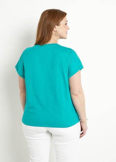 T-shirt coton uni sequins manches courtes Turquoise