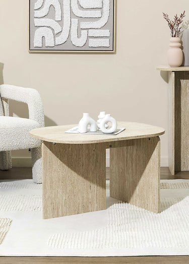 Table basse design, effet pierre Blanc/Beige