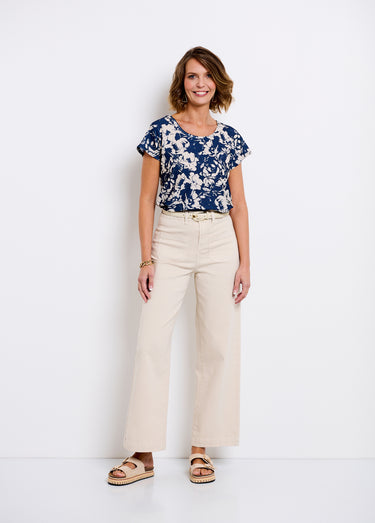 T-shirt manches courtes uni ou imprimé fleurs Marine/Beige