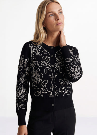 Gilet cardigan boutonné court brodé Noir/Ecru
