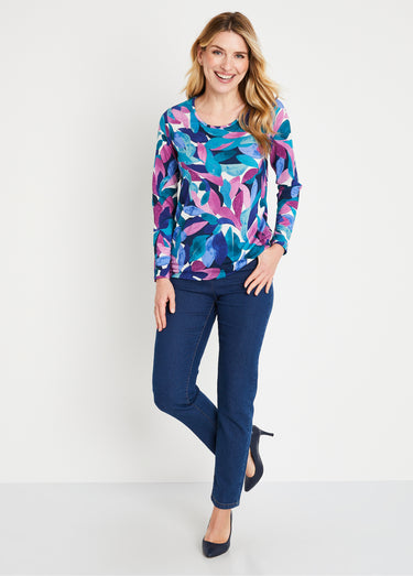 T-shirt fluide court imprimé floral col rond Bleu/Rose